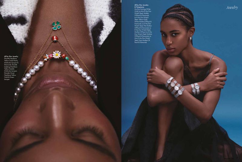 Editorial magazine spread featuring a close-up of a model wearing layered necklaces and a seated model wearing multiple wristwatches.