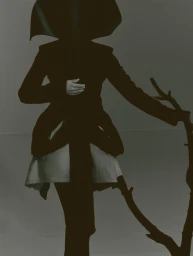 Figure in sculptural black outerwear and voluminous headwear posed beside a bare tree branch against a muted backdrop.