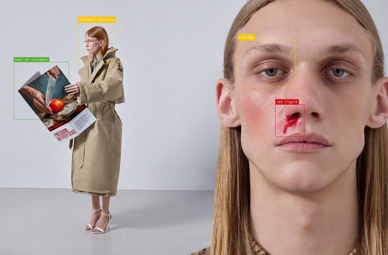 Close-up portrait of a man with a nosebleed alongside a woman wearing an oversized beige trench coat holding a magazine.