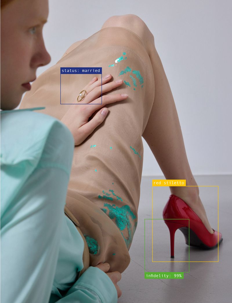 Model wearing a light blue top and skirt with teal paint marks, featuring a red stiletto shoe against a grey studio floor.