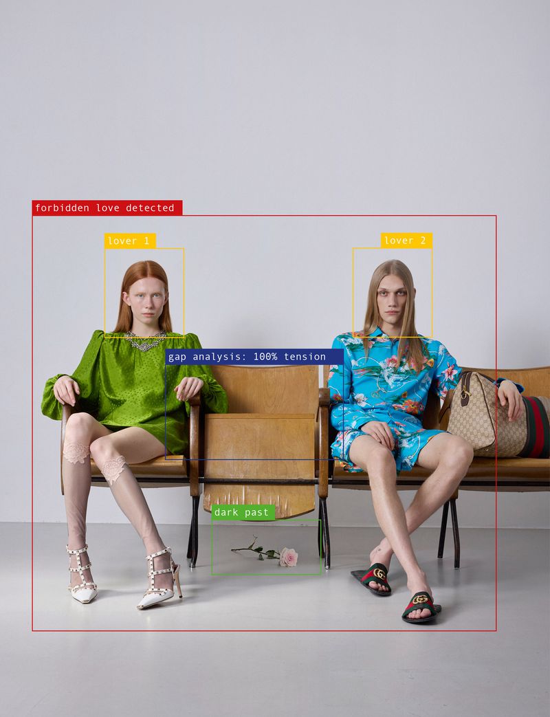 Two fashion models seated in vintage wooden folding chairs with digital graphic bounding boxes and humorous detection labels.