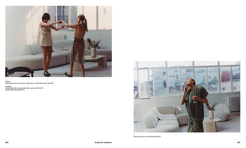 Editorial magazine spread featuring models in designer apparel dancing and standing in a sunlit modern apartment interior.