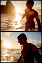 Model Francesco Ruggiero wading through ocean waves at sunset in striped swim shorts for Zara Man beachwear.