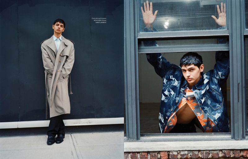 Split-screen fashion shot of a young man in a trench coat standing against a wall and a man in a floral jacket leaning out a window.