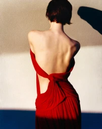 Back view of singer Gracie Abrams in a draped backless red dress against a sunlit wall with sharp shadows.