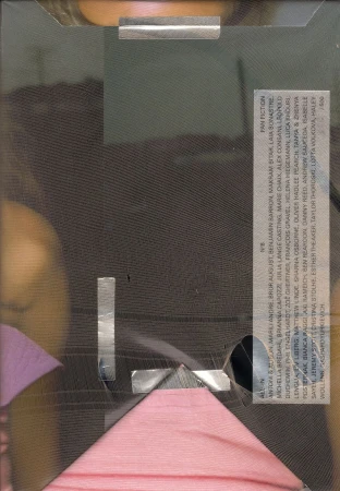 Abstract art piece with obscured woman's face, pink triangle, tape, and overlayed text: FAN FICTION