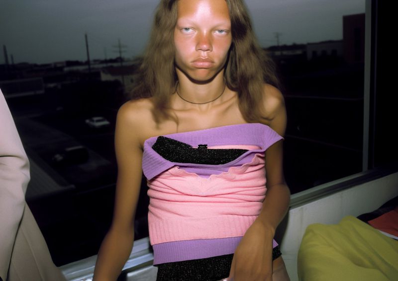 Indoor portrait of a young adult female wearing a pink and purple top with black sparkling sections, gazing directly at the camera.
