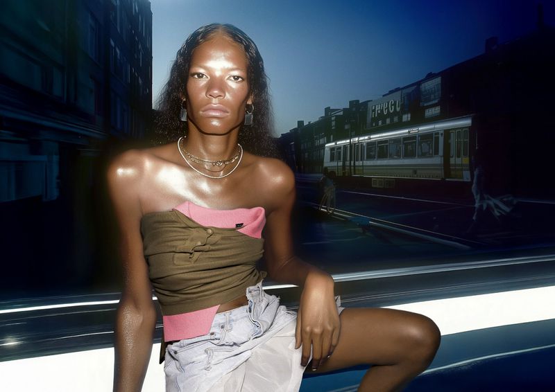 Portrait of an adult female with dark hair and bare shoulders, wearing a tube top and skirt, posing in an urban environment with a tram.