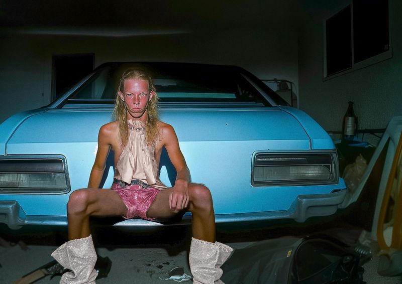 Non-binary individual poses with a light blue car inside a garage, wearing a halter top, short shorts, and sparkly knee-high boots. 