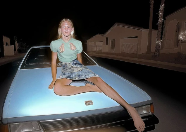 Young woman sitting on the hood of a vintage car at night on a residential street, wearing a light-green top and denim skirt.