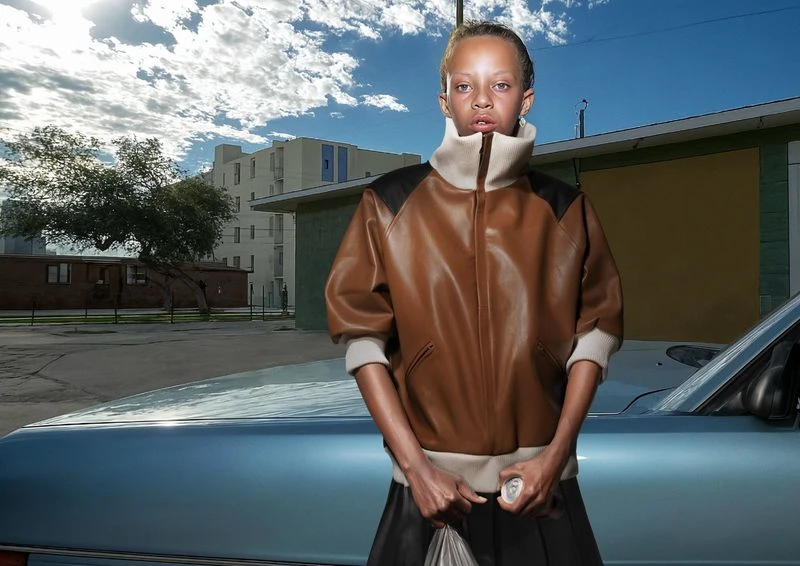 A young person stands in front of a vintage car in an urban setting, wearing a brown and beige leather jacket, and holding a plastic bag.