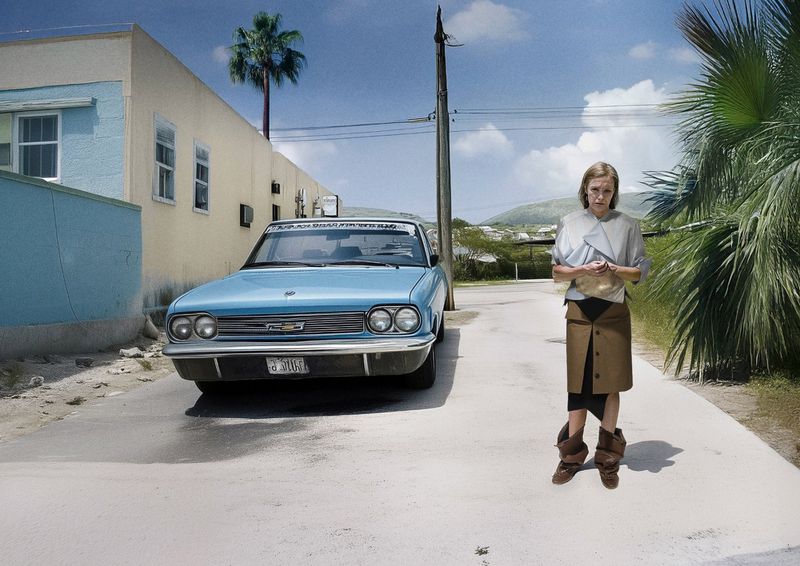 Model wearing a grey structured top and brown skirt standing on a paved road beside a vintage light blue car.