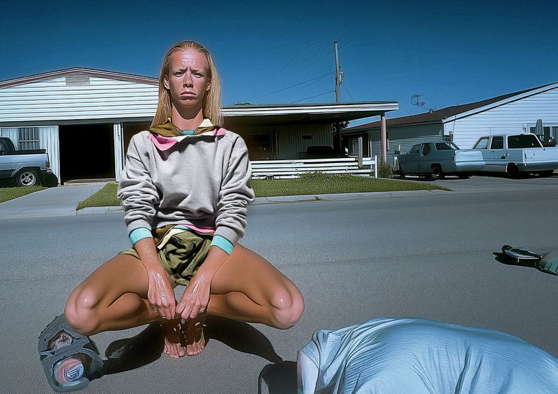 Blonde adult woman crouches on asphalt street with another person prone; suburban houses and cars are visible in the background under blue sky.