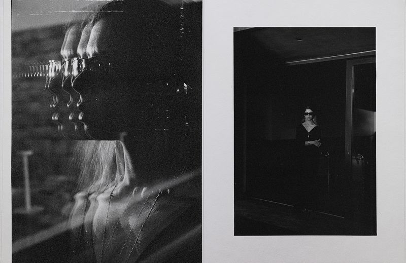 Monochrome diptych featuring a woman wearing dark sunglasses in a multi-exposure profile portrait and a full-length shot.
