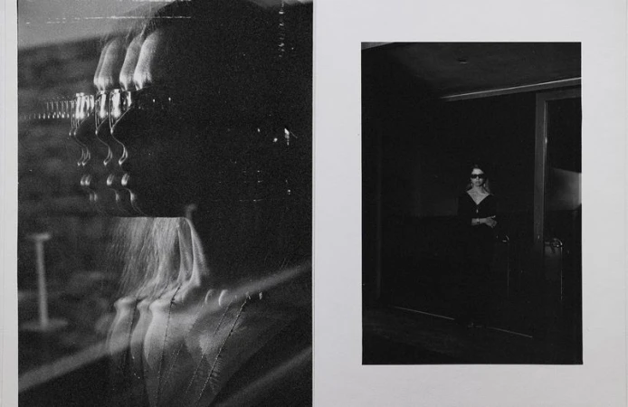 Monochrome diptych featuring a woman wearing dark sunglasses in a multi-exposure profile portrait and a full-length shot.