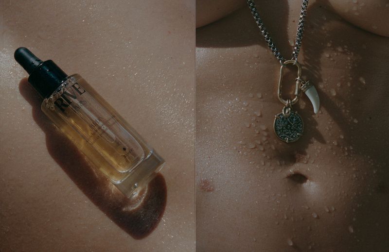 Diptych of a Rive skincare dropper bottle and a coin pendant necklace resting on sunlit wet skin.