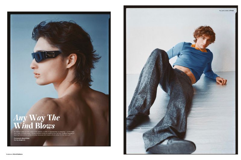 Fashion editorial featuring a young man in sunglasses and casual wear, artfully composed with contrasting studio backgrounds and poses.