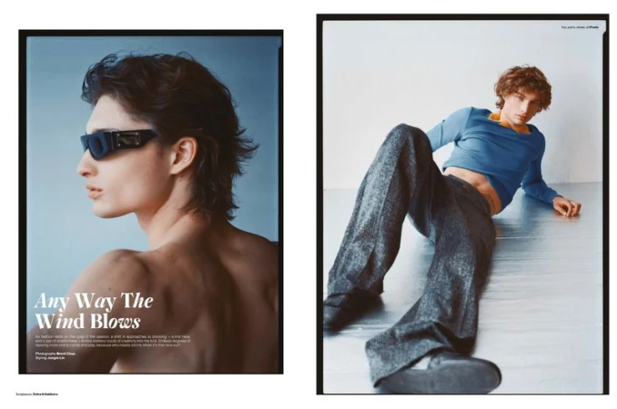 Fashion editorial featuring a young man in sunglasses and casual wear, artfully composed with contrasting studio backgrounds and poses.