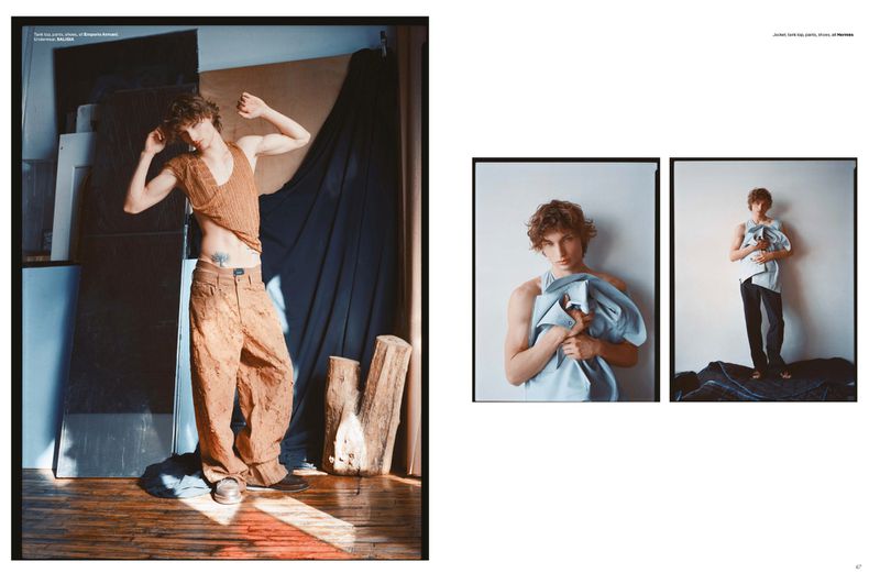 Editorial fashion shot of a young adult male posing indoors wearing a tan knit tank top and oversized textured brown pants, with additional images.