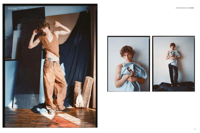 Editorial fashion shot of a young adult male posing indoors wearing a tan knit tank top and oversized textured brown pants, with additional images.