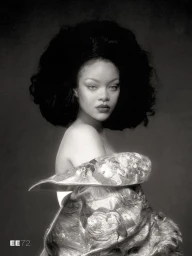 Monochrome portrait of Rihanna with voluminous bouffant hair wearing an off-the-shoulder floral brocade garment.