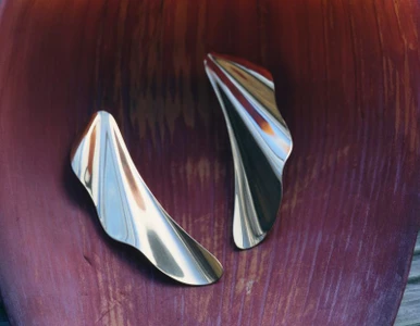 Two polished silver sculptural earrings resting on a textured burgundy botanical leaf surface.