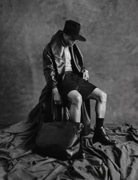 Russell Westbrook seated in an oversized black leather coat and wide-brim hat against a draped canvas backdrop.