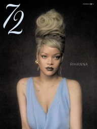 Rihanna wearing a light blue dress with an elaborate high blonde updo against a dark background for 72 Magazine.