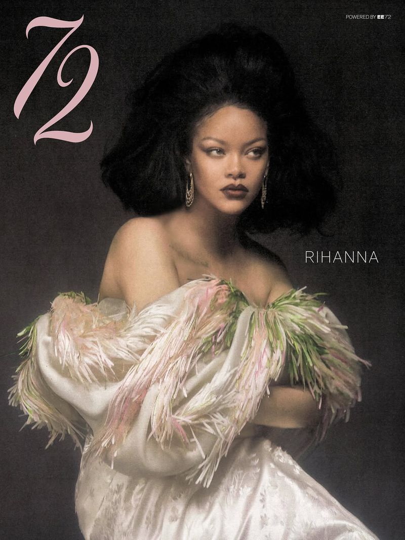 Editorial magazine cover featuring Rihanna in an off-the-shoulder feathered dress with a voluminous retro bouffant hairstyle.