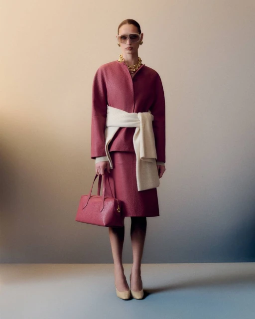 Full-length shot of a woman in a pink skirt suit, accessorized with a cream scarf, gold jewelry, sunglasses, and a pink handbag.