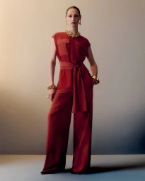 Model Dalton Dubois wearing a rust red sleeveless belted jumpsuit with chunky gold jewellery against a studio backdrop.