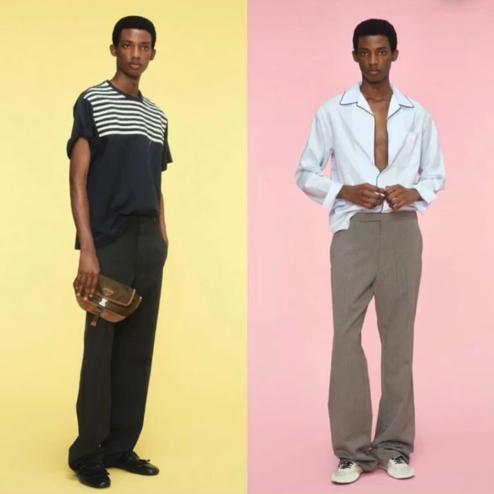 Two full-length portraits of male models against split yellow and pink studio backdrops for the Prada Summer 2025 lookbook.