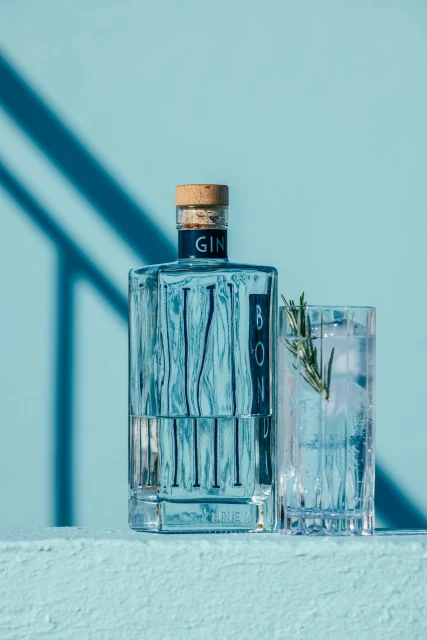 Elegant still life featuring a gin bottle and a glass with ice, both against a light blue background with a shadow, product photography.