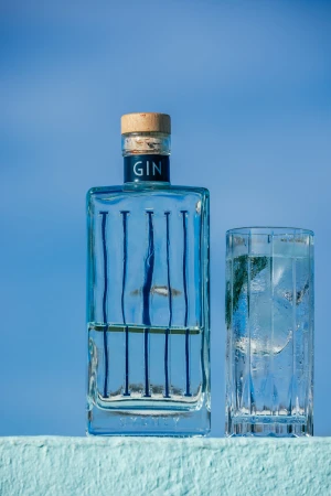 Bottle of gin and a glass of gin and tonic against a bright blue sky. The bottle has blue stripes and a wooden stopper.
