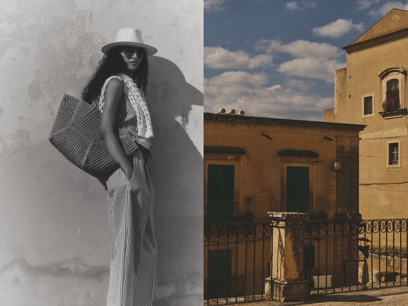 Split frame with a model in a hat and striped jumpsuit holding a woven tote bag next to a sunlit Mediterranean building.