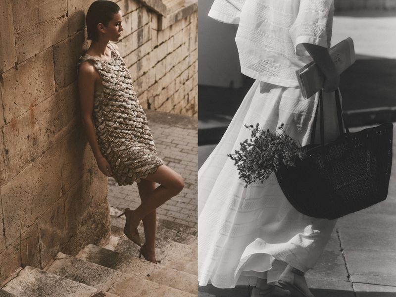 Diptych showing a woman in a textured knit mini dress on stone steps alongside a cropped view of a white skirt and black tote.