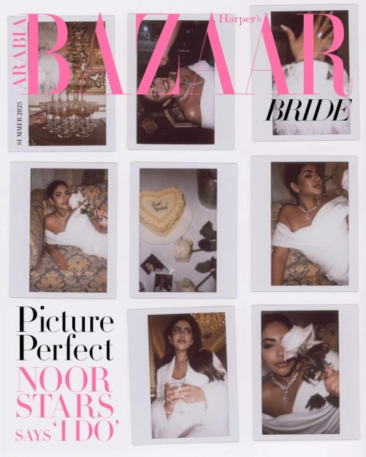 Magazine cover featuring Noor Stars, Harper's Bazaar Bride Summer 2023, various Polaroid-style shots, pink accents, and the words 'Picture Perfect'.
