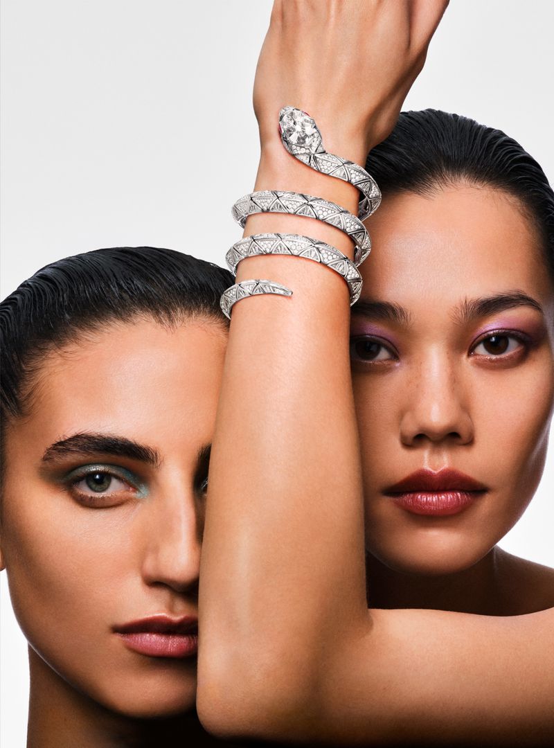 Two models pose closely behind a forearm wrapped in a diamond serpent bracelet against a white background.
