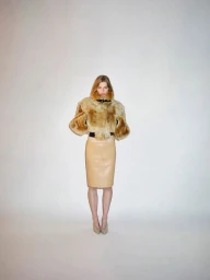 Model posing in a cropped tan fur jacket and beige leather midi skirt against a plain studio backdrop.