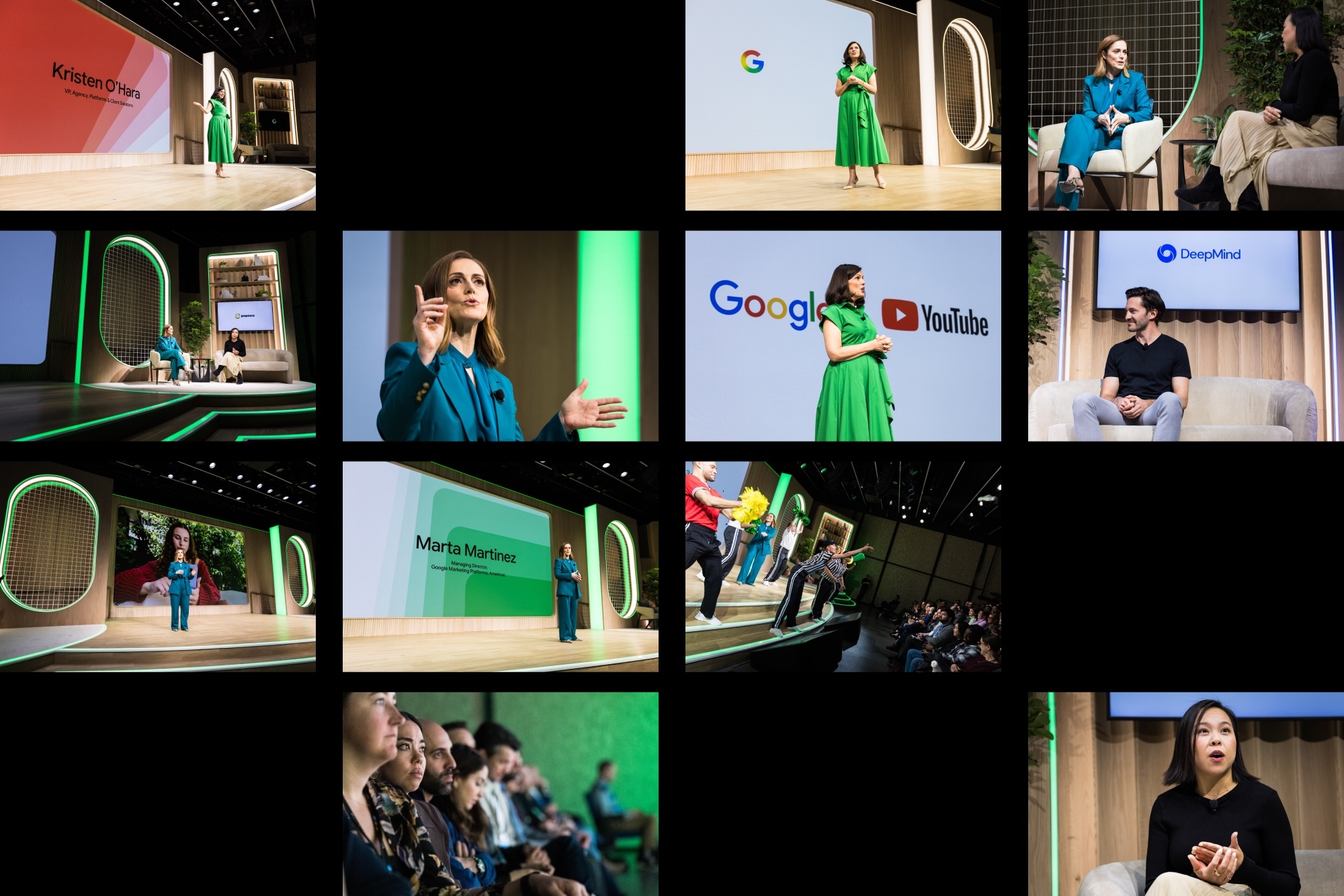 Photo grid of speakers, panels, and attendees at the Google NewFront stage presentation.