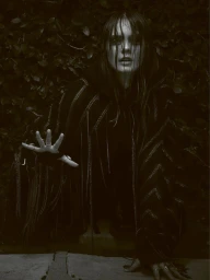 Mia Threapleton crouched forward with wet-look hair in an embellished black fringe hoodie against a dark leafy hedge.