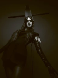 Model wearing a tall architectural headpiece and long black leather gloves in a dark studio fashion portrait.