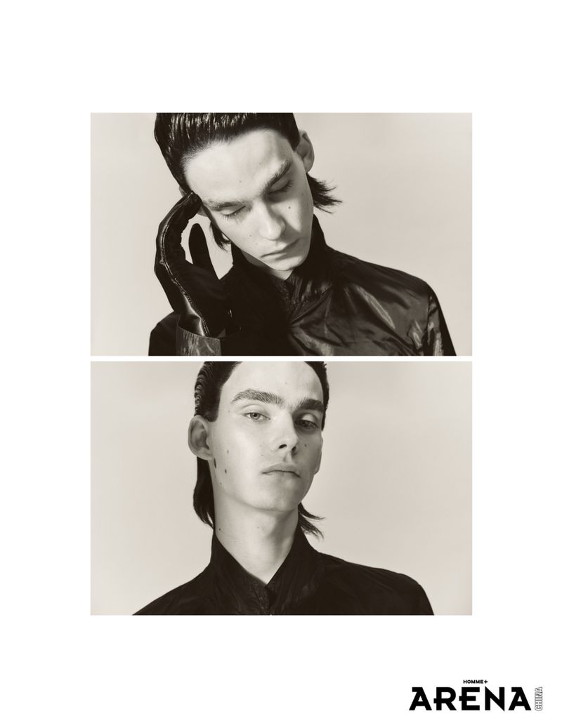 Diptych portrait of model Frederic Bittner wearing black with a leather glove against a pale studio backdrop for Arena Homme + China.