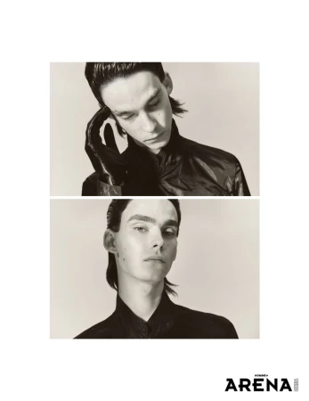 Diptych portrait of model Frederic Bittner wearing black with a leather glove against a pale studio backdrop for Arena Homme + China.