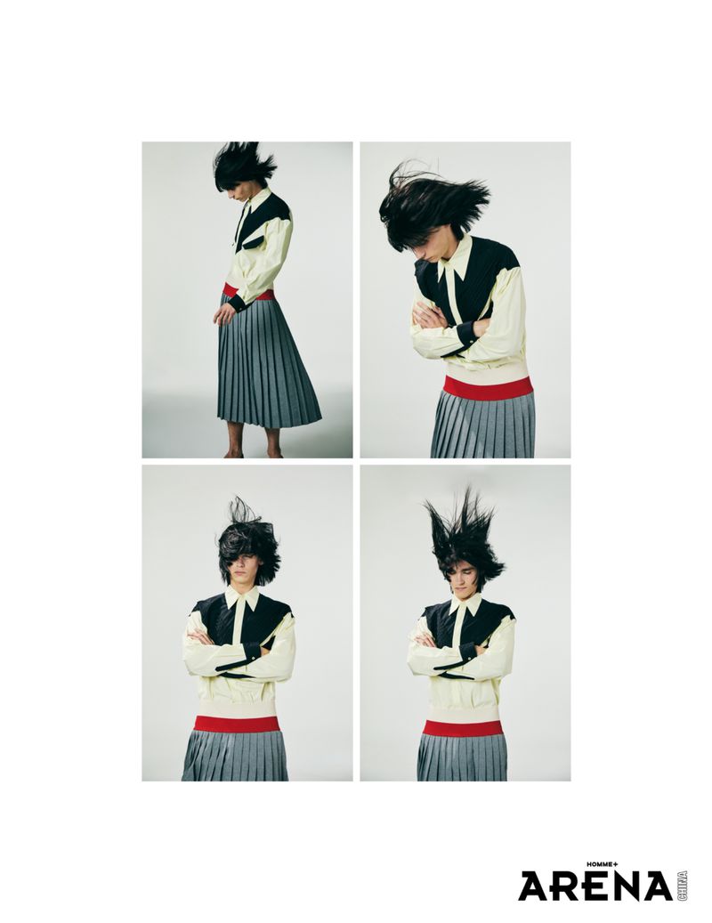 Four-panel fashion editorial grid of a male model wearing a two-tone shirt and pleated skirt against a white studio background.