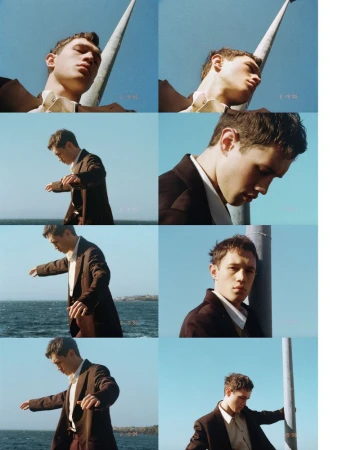 Photo contact sheet sequence of a young man wearing a brown tailored suit outdoors against a blue sea and clear sky backdrop.