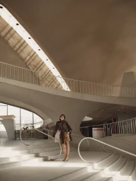 Model Georgia Fowler standing on a sweeping modernist concrete staircase with curved white railings in an editorial portrait.