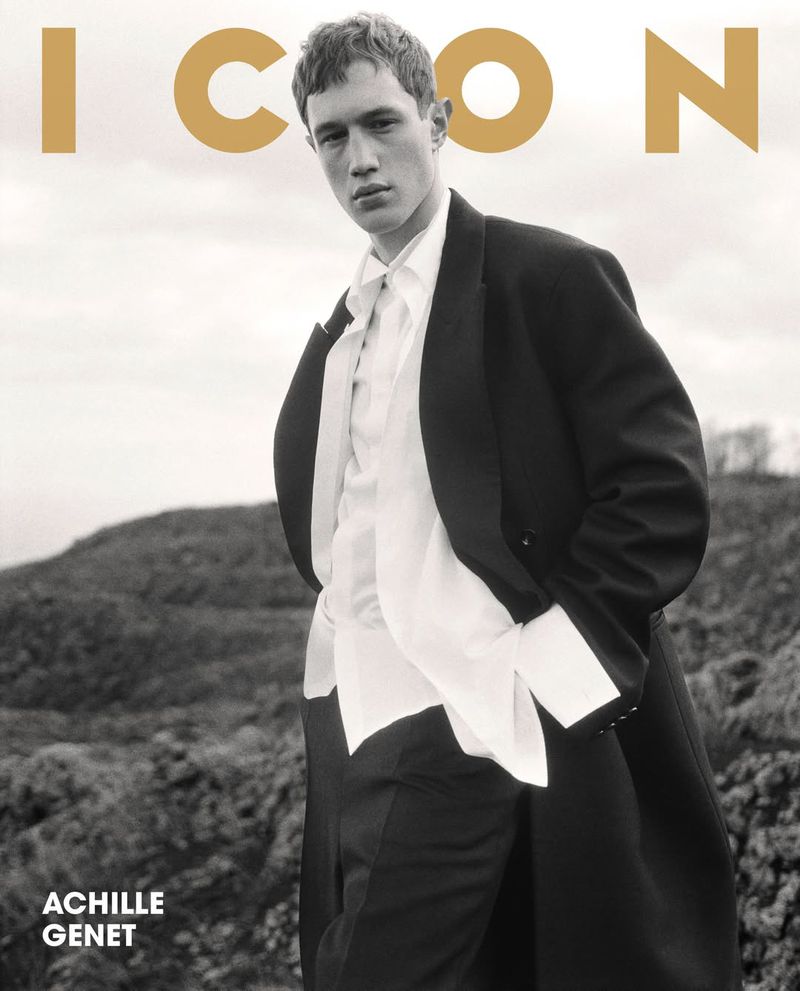 Achille Genet wearing an oversized black coat and white shirt on the cover of Icon Magazine Italy.