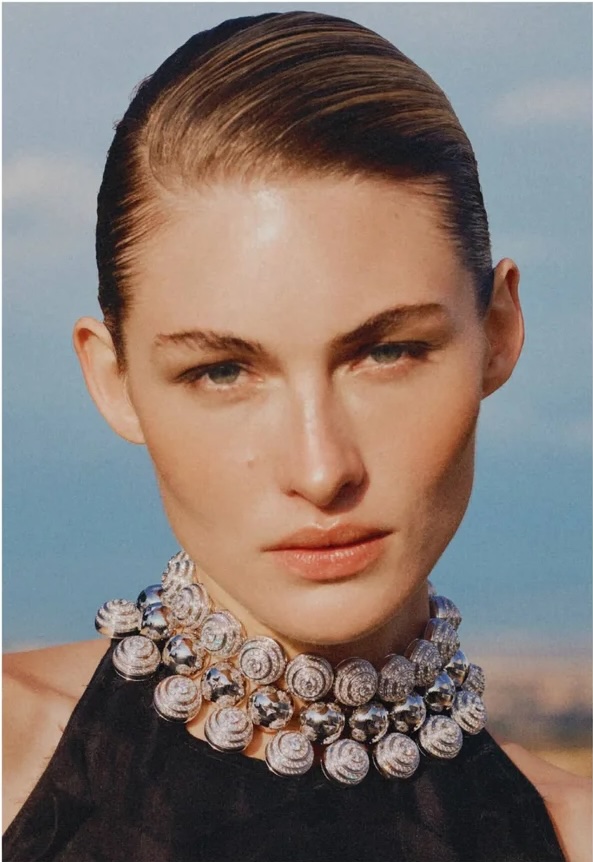Model Grace Elizabeth wearing an ornate multi-tiered silver beaded choker necklace and black top against an open sky.