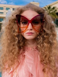 Woman with voluminous curly blonde hair wearing oversized butterfly-shaped sunglasses and a sheer pink ruffled blouse outdoors.